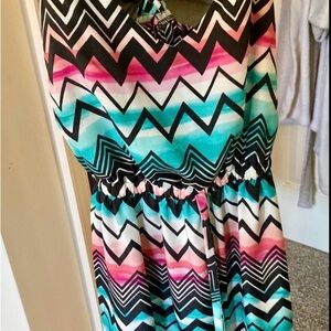 BeBop Black, Pink, and Teal Zigzag Mini Dress XS